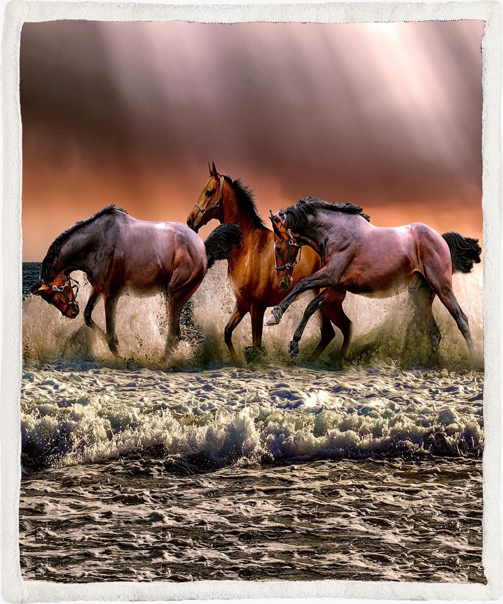 Running Dark Horses Paarden Fleece Deken - Donkerblauw - 150 x 200 cm