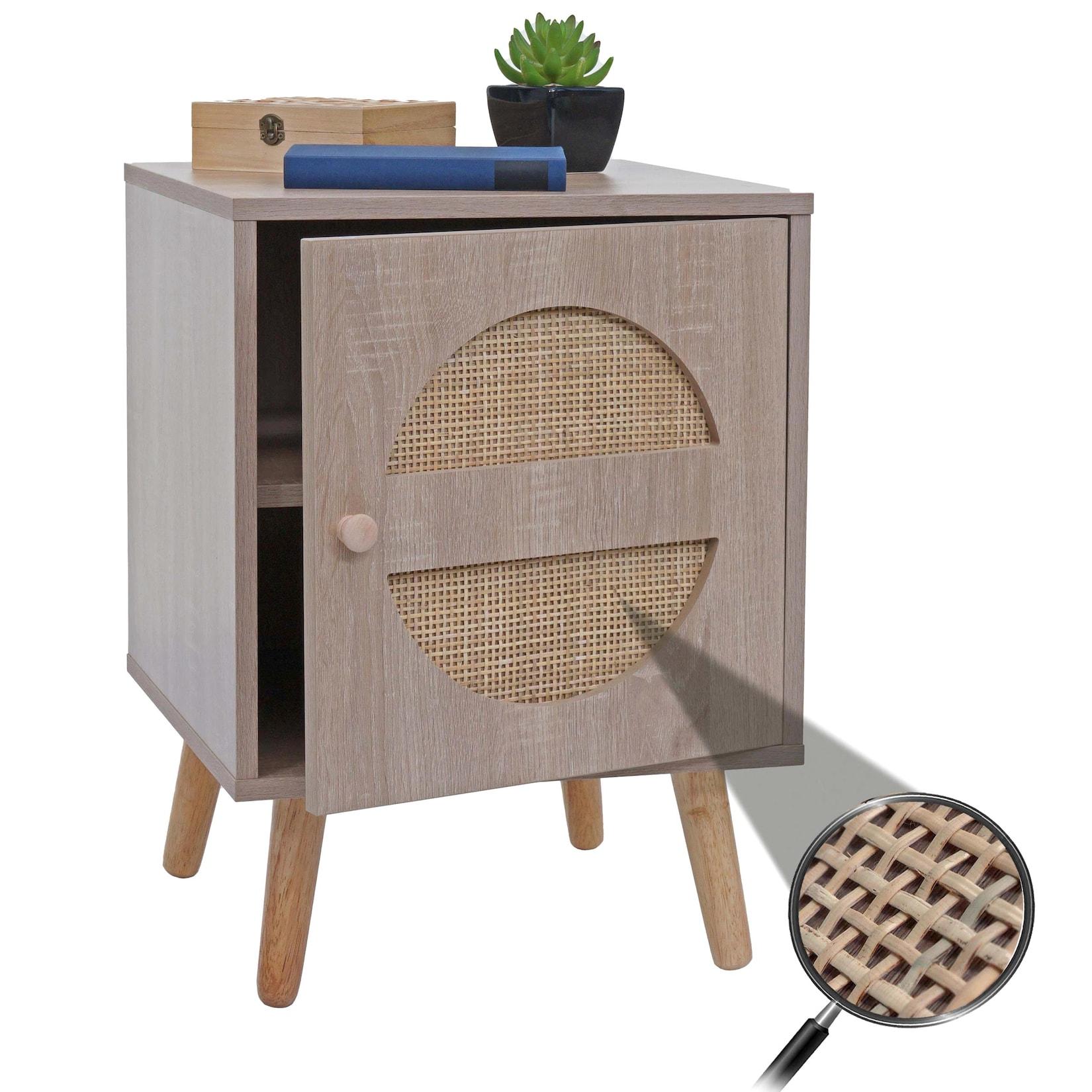 Nachttisch MCW-M35, Kaffeetisch Beistelltisch, Staufächer, Kubu Rattan Holz Melamin, Eiche-Optik 56x40x40cm