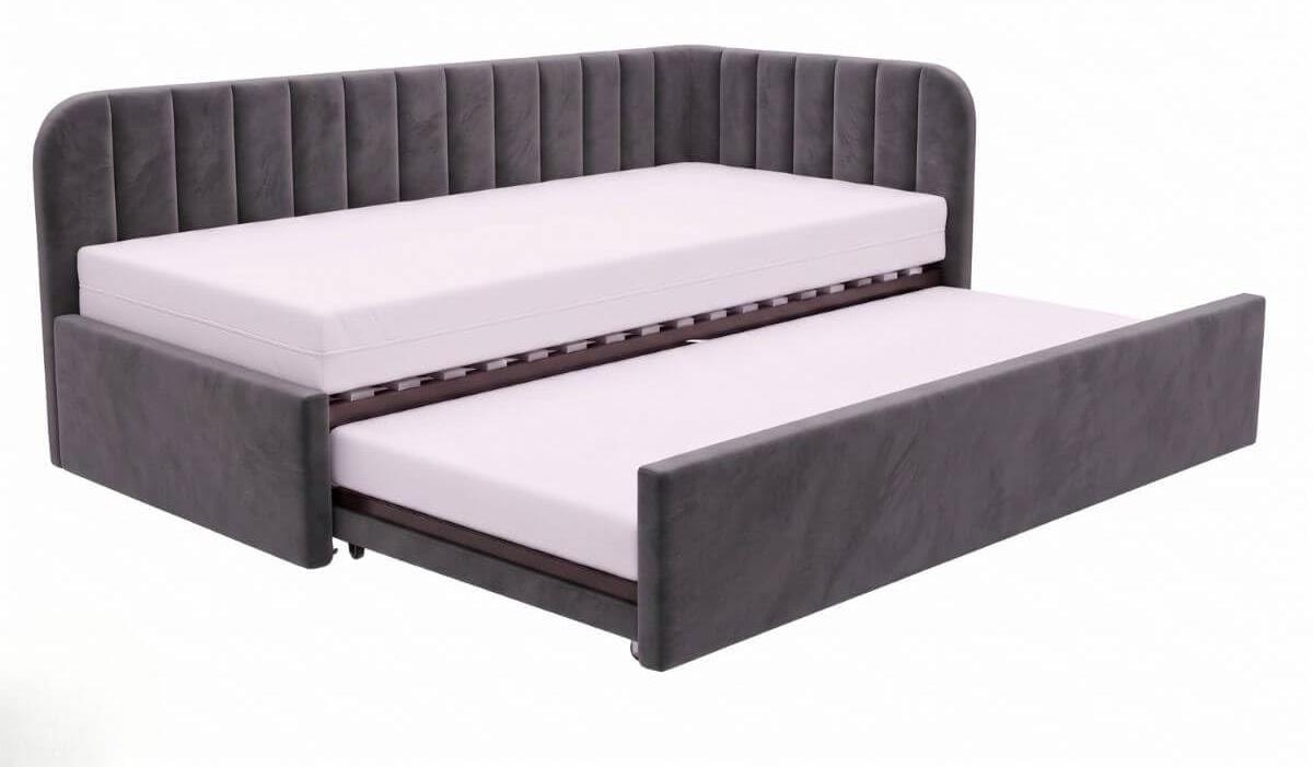 Kinderbett Alvin 02 90x200 - Jugendbett mit einer Schublade und zwei Liegeflächen - Einer Matratze T28-30 - Weich Jasmine-Stoff - Dunkelgrau, Rechte