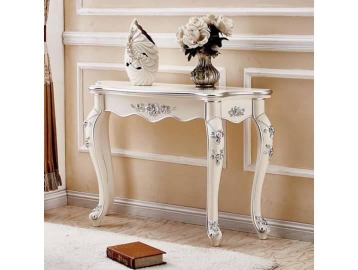 Französischer Landhaus Konsolentisch, Vintage Schnitzerei Flurtisch Mit Blumenornamenten und Geschwungenen Beinen,Eleganter Holztisch als Sofatisch(Silver,L101xw36cm/l39.7xw14in)