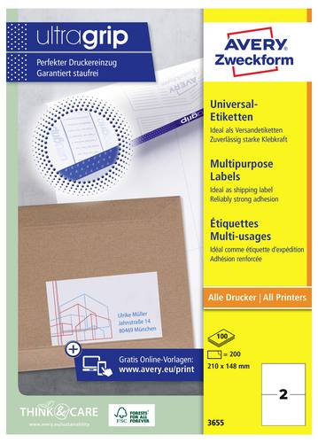 Avery-Zweckform 3655 Universal-Etiketten 210 x 148mm Papier Weiß 200 St. Permanent haftend Tintenstrahldrucker, Laserdrucker