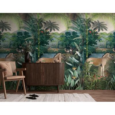 Fototapete LIVING WALLS "The Wall 4 Botanic – Zebra im Dschungel Vlies-Fototapete", grün (braun), B:1,59m H:0m L:2,8m, Vinyl, Vlies, Tapeten, Zebra im Dschungel mit atmosphärischer Tiefe