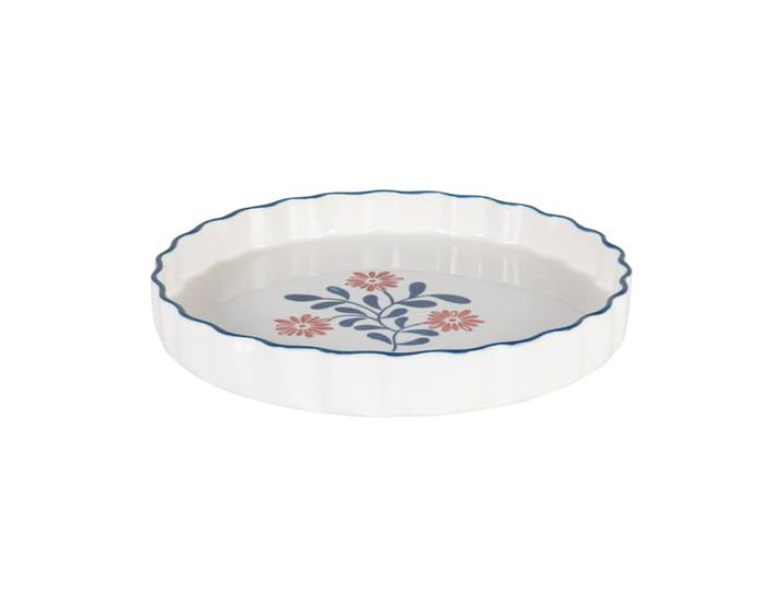 Tarteform aus Keramik mit Blumenmotiv, weiß, blau und rot