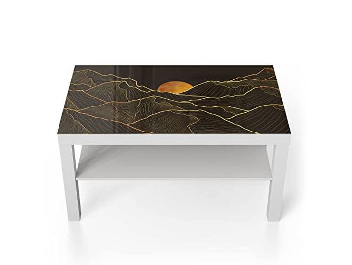 DEQORI Glastisch weiß groß 90x50 cm Motiv Goldenes Linien Gebirge ausgefallener Beistelltisch aus Glas Hochglanz Couchtisch fürs Wohnzimmer moderner Couch Tisch mit Design