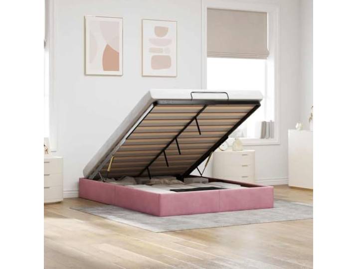 KFPOERTFGD Ottoman-Bett 140x200 cm in Rosa mit Stauraum, Bettrahmen aus Samt, Hydraulischer Hebemechanismus, Stabiles Polsterbett für Schlafzimmer