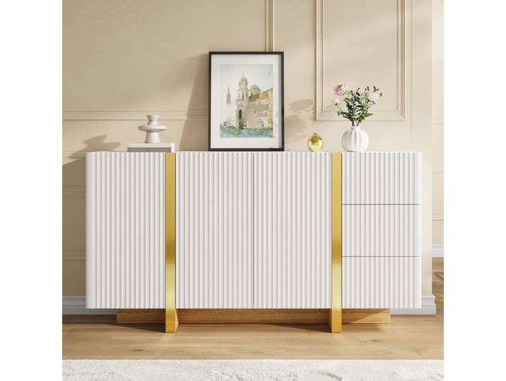 Buffet LEMONMAX Meuble de Rangement avec 3 Portes 3 Tiroirs Charnières Amorties Façade Rainurée Finitions Dorées