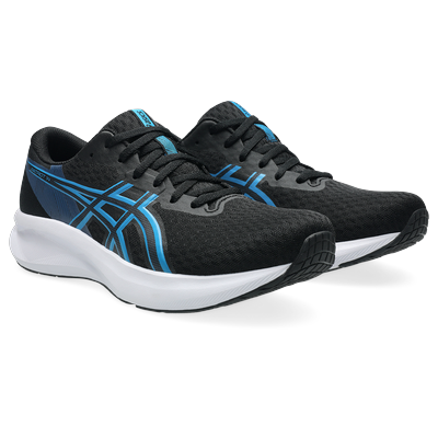 Laufschuh ASICS "PATRIOT 14", Herren, Gr. 43,5, schwarz (schwarz, aegean blau), Synthetik, Schuhe Laufschuh, atmungsaktives Mesh-Obermaterial, Energiegeladene Mittelsohle