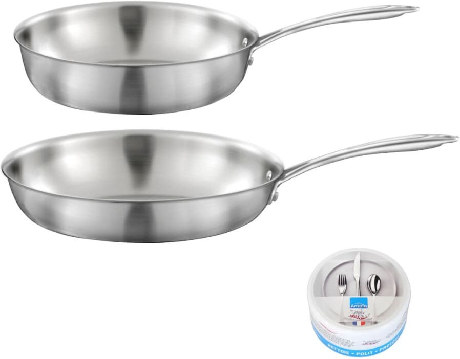 Cuisinox Lot 1 poêle inox 28cm, 1 sauteuse inox 24cm, 1 pierre d'argent® citro Argenté 50x20x35cm