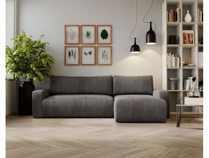 Kaiser Möbel, Ecksofa mit schlaffunktion, mit Bettkasten, Schlafsofa Argon, Designer Sofa, Modern Design Couch, Polsterecke, Freistehend, Zoom Stoff- Dicker Cord Dunkelgrau Ottomane Rechts