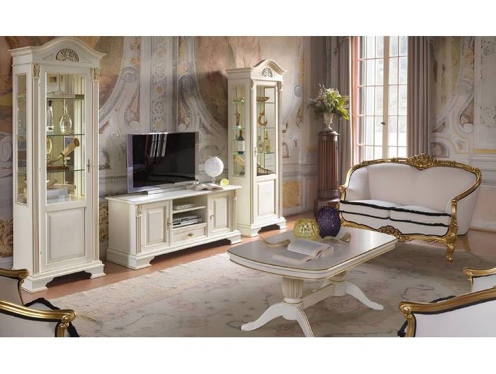 JVmoebel Wohnwand Barocke Wohnwand in Weiß mit Vitrine und stilvoller Konsole, Made in Europa