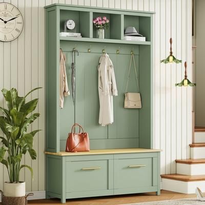 toswini 4-in-1 Hall Tree with 6 Golden Hooks Wooden Bench 2 Drawers for Entryway