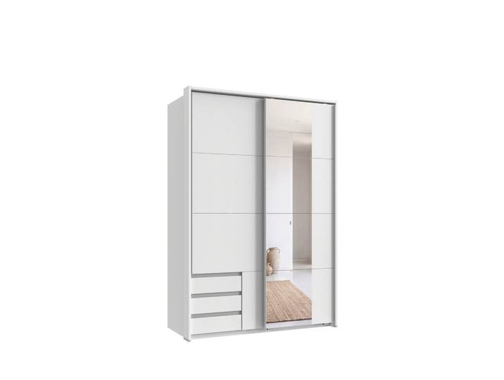 SCHWEBETÜRENSCHRANK 2-türig B138/H200/T65 cm, Passepartout-Kleiderschrank in Weiß mit sichtbaren Schubkästen & Spiegel / 22681