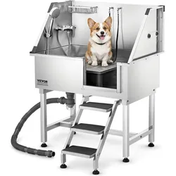 VEVOR Hundewaschstation aus Edelstahl, 961x620x1220 mm Tierpflegewanne mit Ablagetreppe, Wasserhahn, Duschkopf & Seifenhalter, für große, mittelgroße & kleine Haustiere (rechte Tür)