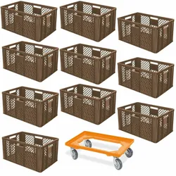 BRB 10 Euroboxen, 600x400x320 mm, lebensmittelecht, braun + Transportroller