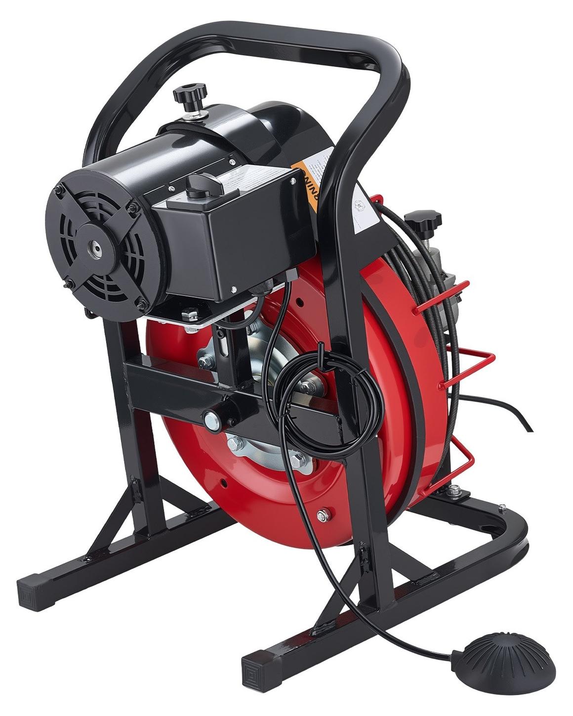 Drain Cleaner Machine 15m x 8mm, Auto Feed Sewer Snake Auger with 4 Cutters & Air-activated Foot Switch for 50mm to 100mm Pipes