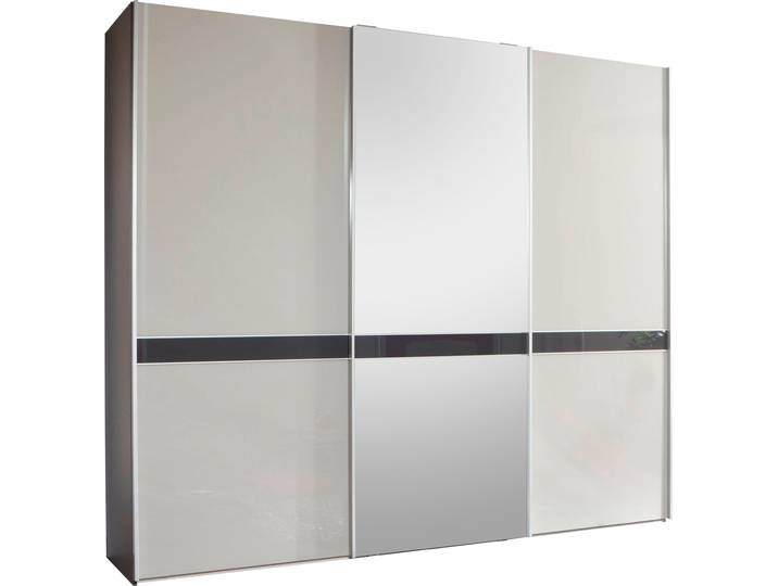 Schwebetürenschrank WIEMANN Rialto , grau (kieselgrau, glas, graphit, glas, kristallspiegel), B:295,2cm H:217cm T:67cm, Schränke, Schwebetürenschrank, hochwertige Glas- und Spiegelfront mit Querriegel