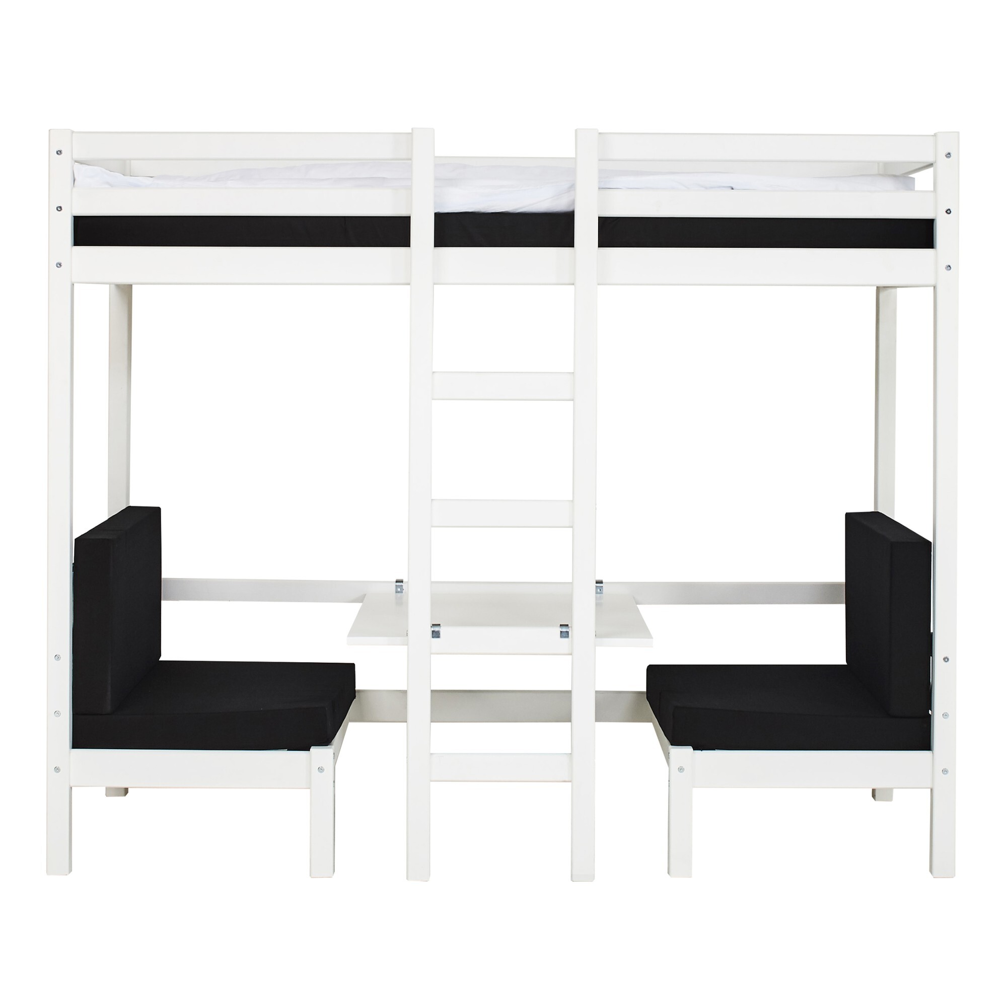 BasicJumbo Hochbett mit schwarzem Sofa, Schreibtisch und inkl. Lattenroste.