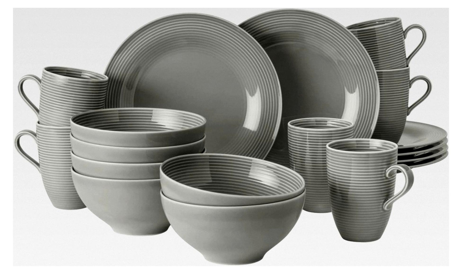 Frühstücksservice 18-teilig - Henkelbecher, Müslischalen und Frühstücksteller für 6 Personen - Porzellangeschirr mit Rillenrelief, spülmaschinenfest - Perlgrau