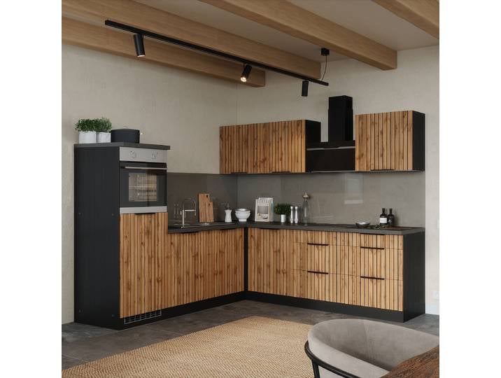 Autarke Eckküche Liverpool Edelstahl 240cm Braun ohne Kochfeld ohne Elektrogeräte ohne Kühlschrank