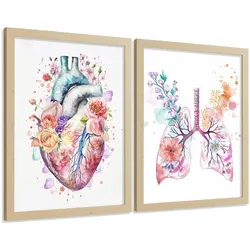 POSTER Set aus 2 Anatomie Mensch Drucke und Wandbilder mit Herz und Atmungssystem Floraler Stil Medizinische Wanddekoration Größe Rahmenlos A4