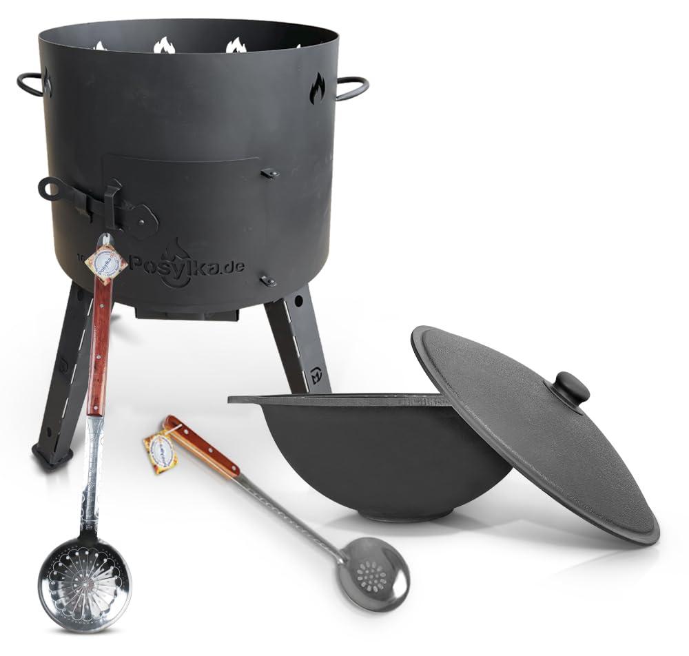 Gusseiserne Pfanne Bratpfanne Kasan - 16 Liter - Ø 44 cm - Flacher Boden - Mit Deckel