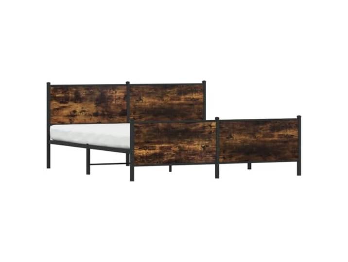 KTHLBRH Bettgestell aus Metall, Eichenholz, Rauchgrau, 193 x 203 cm Bettgestell aus Stahl, Latten aus Metall, Stauraum 26 cm, funktionales Kopfteil