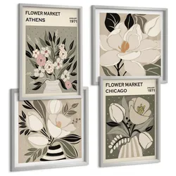BILDER SET 4er Set - 50x50 cm & 40x60 cm Silberner Rahmen - Retro-Blumenmuster aus verschiedenen Städten
