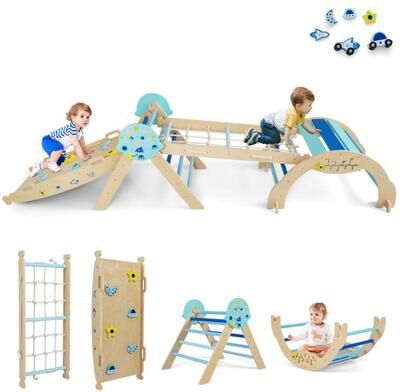 Costway Triangle Set 8-in-1 Foldable Baby Climbing Toys Astronaut/Unicorn Theme-Blue