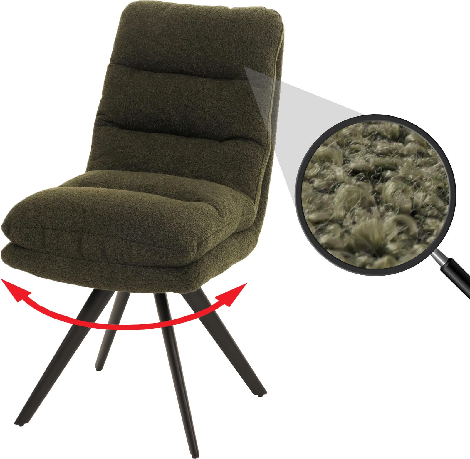 Mendler Eetkamerstoel HWC-G66, draaibare keukenstoel met automatische positie, groen bouclé textiel