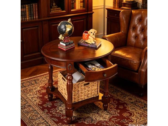 EBOYNSowAprr Luxuriöser ovaler Couchtisch aus handgeschnitztem Massivholz Couchtisch im amerikanischen Landhausstil mit Stauraumfach, Sichere abgerundete Kanten(Walnut,28.0x22.0x24.4 in)