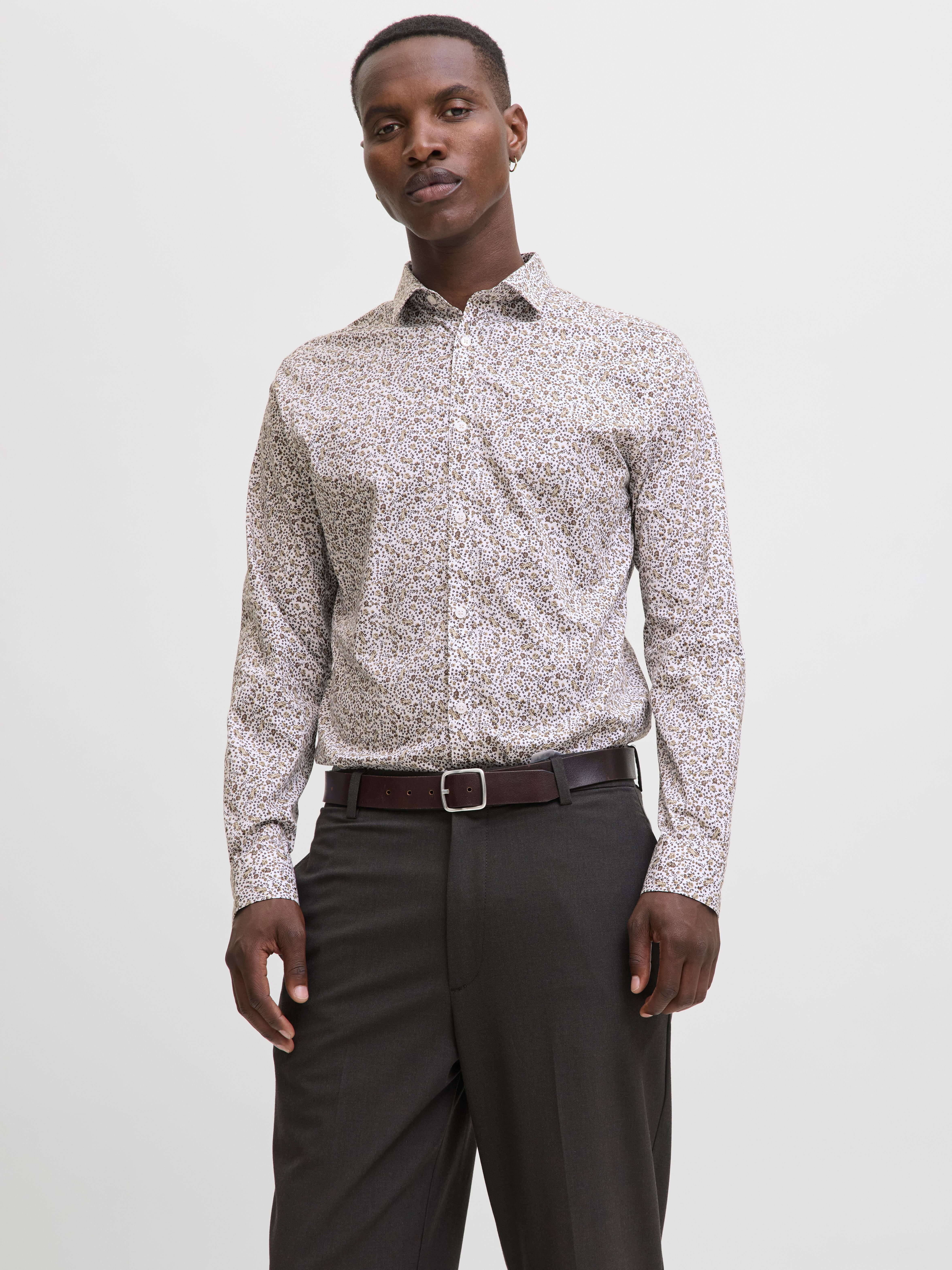 Langarmhemd JACK & JONES "JPRBLABLACKPOOL STRETCH AOP LS SHIRT SN", Herren, Gr. XL, N-Gr, beige (weiß), Web, Obermaterial: 96% Baumwolle, 4% Elasthan, slim fit, Hemden Langarmhemd weiß XL, N-Gr