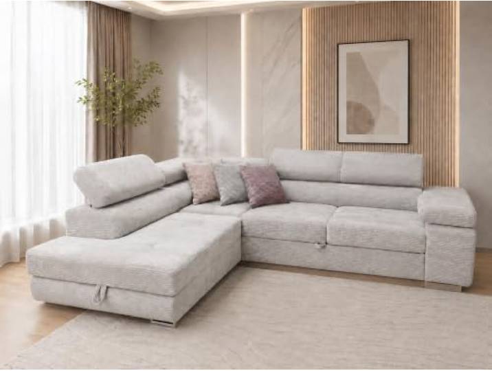 KMK GNYCH Sofa Aston 275x202x90 cm, Schlaffunktion, Hellgrau, Links L-Form Ecksofa, Modern Couch mit Bettkasten, Weiches Sofa fürs Wohnzimmer, Schlafsofa, Eleganter Lincoln Stoff