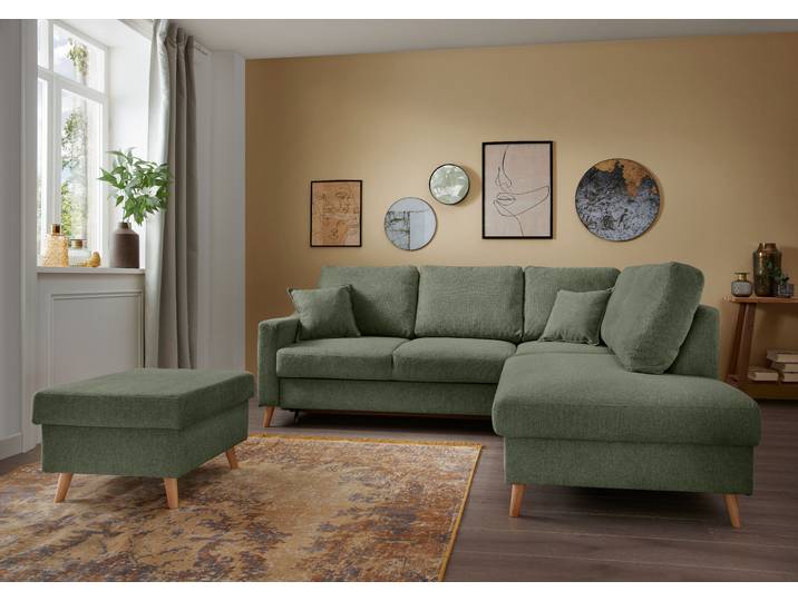 Ecksofa mit Ottomane & Funktion Grün Webstoff Jimin 230 x 94 x 200cm Ottomane davorstehend rechts mit Schlaffunktion Modern