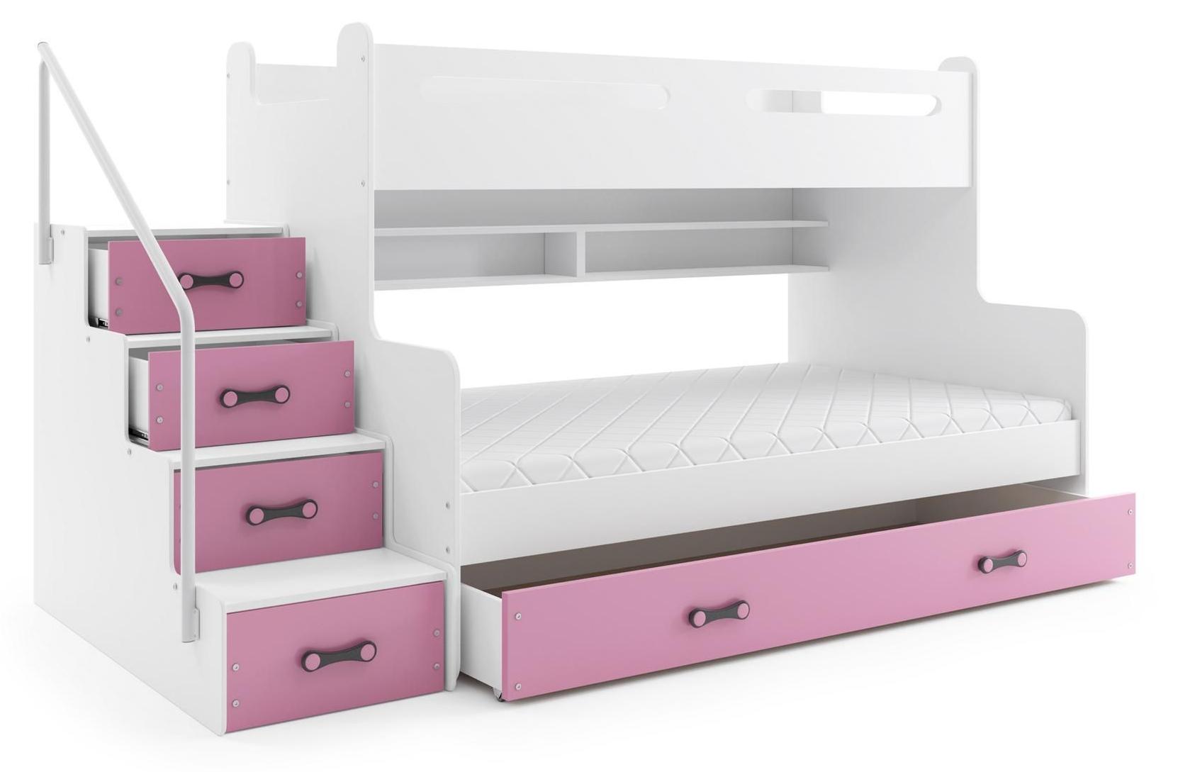 BMS Etagenbett für Kinder MAX 3 Weiß Rosa mit 2 Matratzen