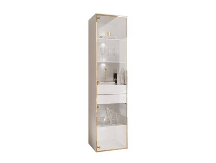Lookway Vitrine Aurora mit LED Weiß Hochglanz mit Glasfront, Golddekor, Schubladen & Regale, Hängend oder Stehend, Modernes Design (Hängend)