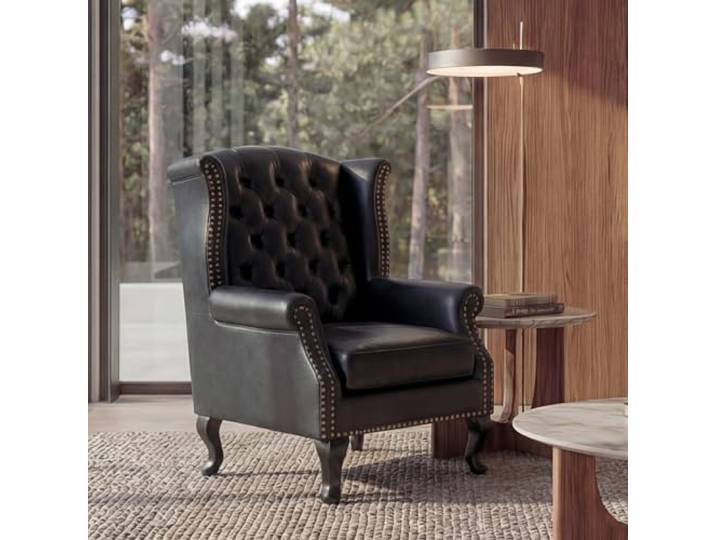 Mendler Sessel Relaxsessel Clubsessel Ohrensessel Chesterfield-AM, Kunstleder - schwarz ohne Ottomane