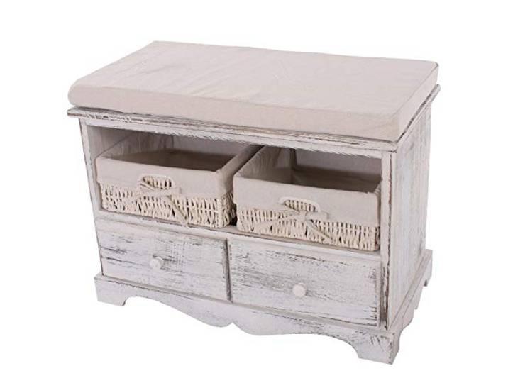 Mendler Sitzbank mit 2 Körben 42x62x33cm - weiß Kommode, Shabby-Look, Vintage