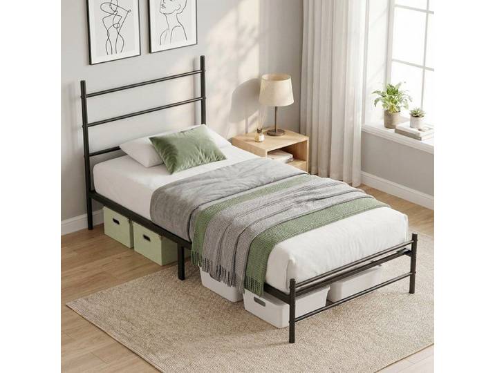 Lit en fer robuste 400 kg - Montage rapide espace de rangement -190x90x26cm