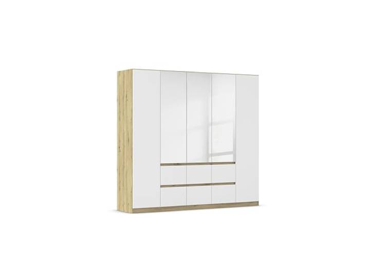 Rauch Möbel Mainz, Kleiderschrank, Farbe Weiß/Eiche Artisan, Breite 226 cm Schrank, Kinderkleiderschrank, 5-türig, mit Spiegel, Push-to-open, für Schlafzimmer, Kinderzimmer, Babyzimmer, Garderobe