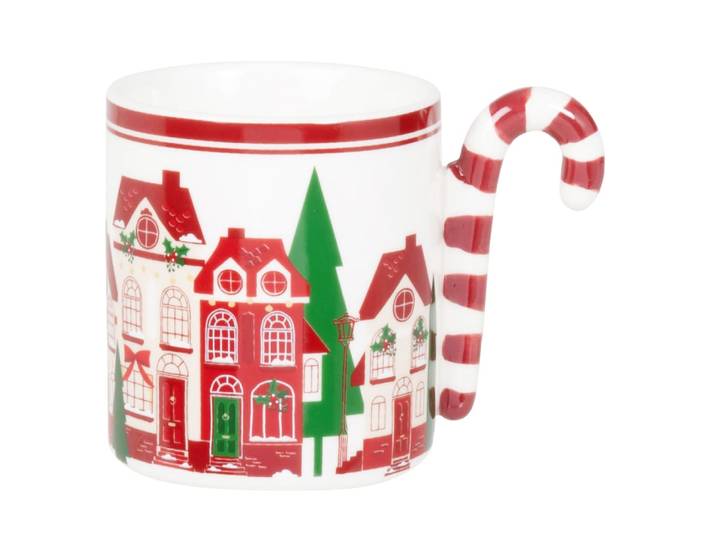 Weihnachtlicher Becher aus Steingut, weiß, rot und grün