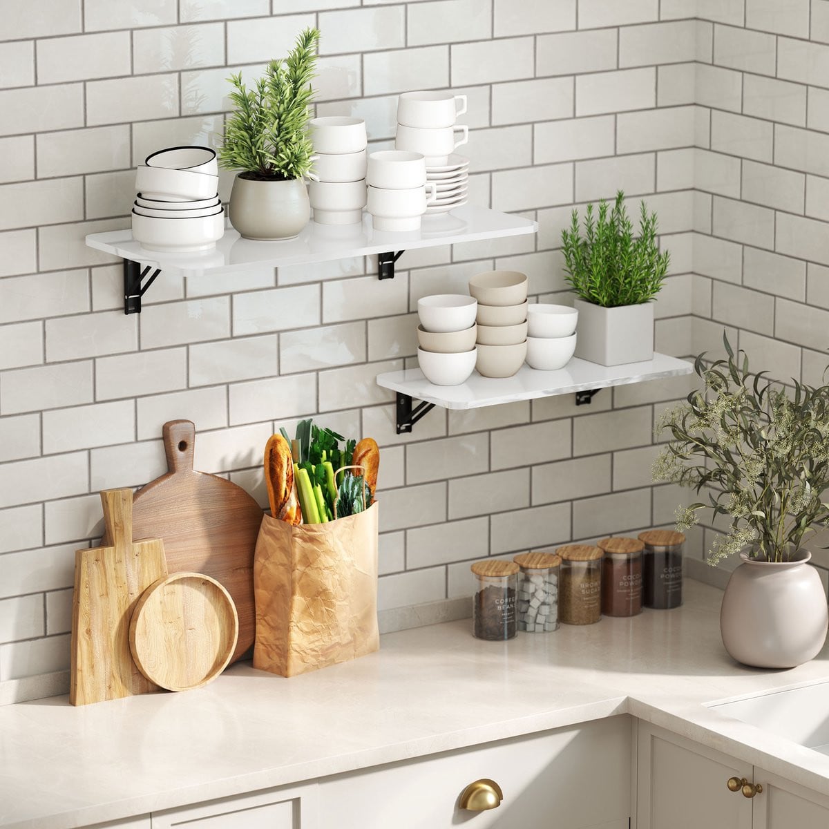 AURA LUMEN Set van 2 opvouwbare wandtafels in wit glanzend houtlook voor keuken, eetkamer of kantoor