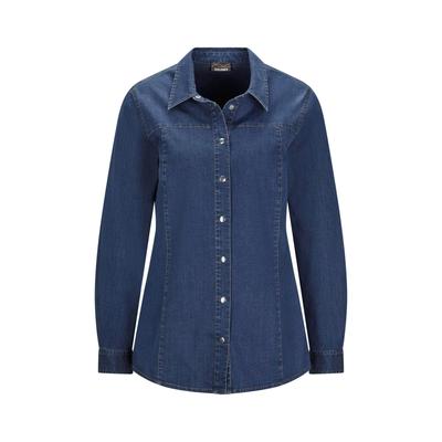 Hemdbluse GOLDNER "Stilvolle Denim-Bluse mit Druckknöpfen", Damen, Gr. 44, blau, Obermaterial: 98% Baumwolle CO. 2% Elasthan EL., Blusen Hemdbluse, Knopfleiste
