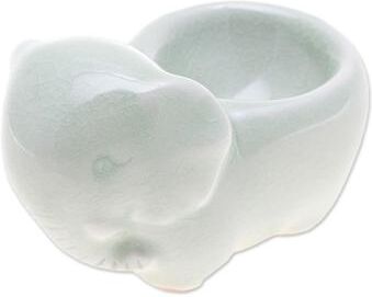 Novica Handmade Breakfast With Elephants Celadon Ceramic Egg Cup