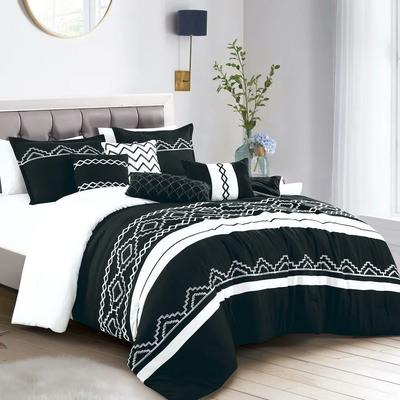 Home Mart Goods 7 Piece Black White Geometric Striped Comforter Set Embroidery Soft Bedding