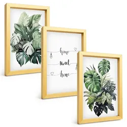 BILDER SET 3er Set - 20x30 cm Goldrahmen - Aquarell-Monstera-Blätter