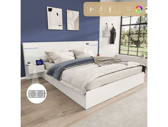 Lit combiné enfant - SOGEU - Lit 160x200 - Structure MDF - LED multicolore intégrée - Bluetooth & ports USB