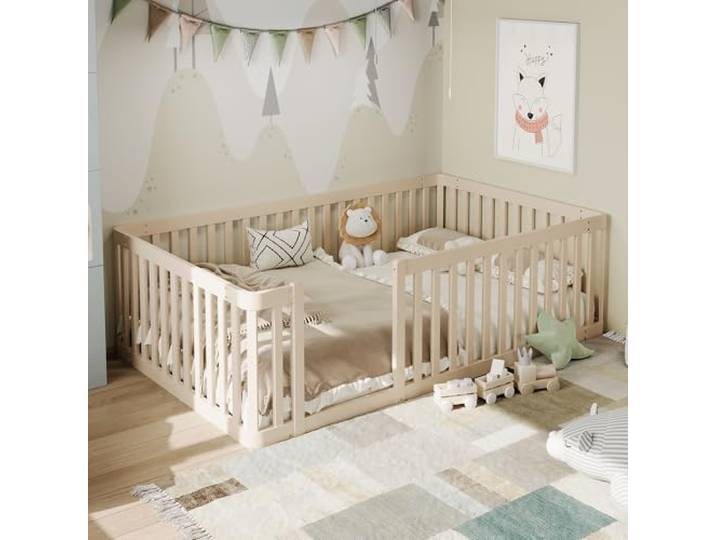 BTM 90x200 Holzbettgestell mit Zaun, Kinder Bodenbett mit Lattenrost Beige Toddler Bed (ohne Matratze)