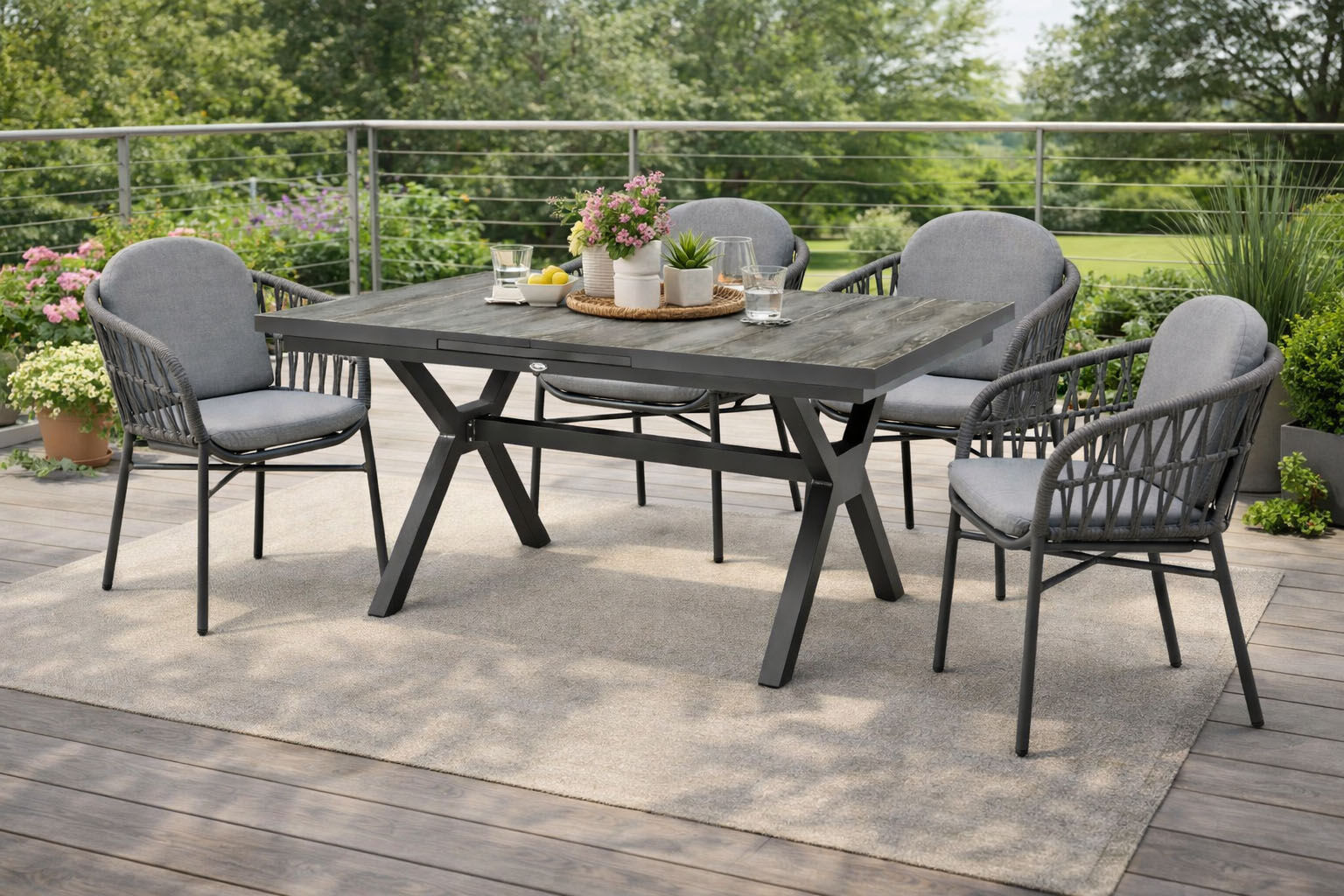 Garten-Essgruppe DESTINY "COMO GARDA 4 Se + Auszietisch 160/210x100cm, grau/ anthrazit", grau (grau, anthrazit), B:57cm H:78cm T:58cm, Aluminium, Wicker/Kunststoffgeflecht, Sitzmöbel-Sets, Garten-Essgruppe, Aluminium, Rope, Keramikplatten
