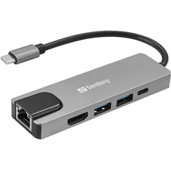 Sandberg USB-C 5in1 Travel Dock Saver (USB-C, 5 Ports), Dockingstation + USB Hub, Silber