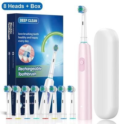 Uplift Picks Rechargeable Rotary Electric Toothbrush For Adults With 8 Soft Brush Heads pink (8 Heads)